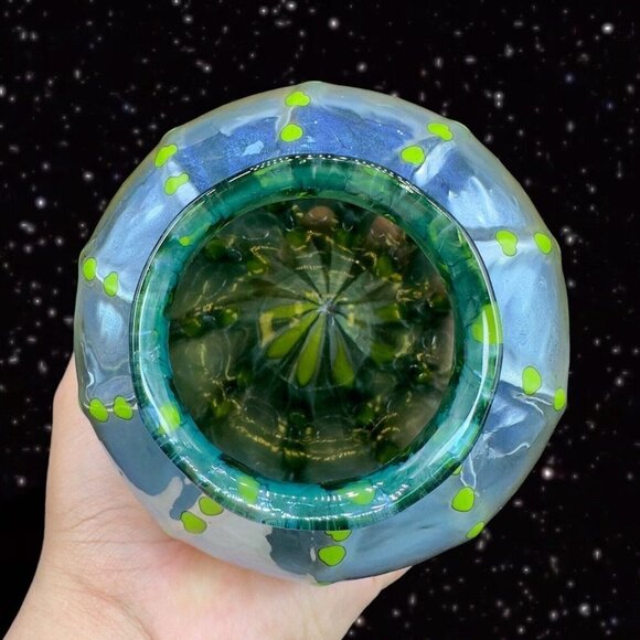 Hand Blown Art Glass Vase Iridescent Green Blue W Green Dots Marked P T 2018 - Picture 6 of 16